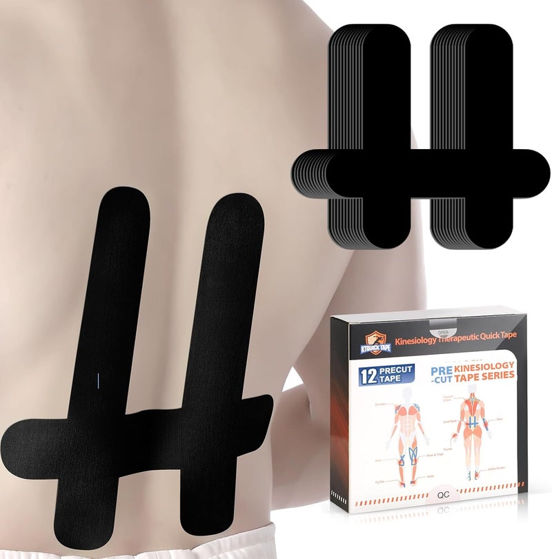 KTQUICK Store PreCut Kinesiology Tape for Lower Back, 12PCS Kinesiology Tape Precut for Lower Back, Original Cotton Waterproof&Breathable Latex-Free, Enhance Elastic Athletic Tape for Support Muscle(Black) - Image 1